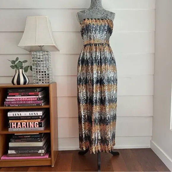 Vintage Sequin Strapless Maxi Dress with Shawl by Zeepha Couture Party Dress - Picture 2 of 9